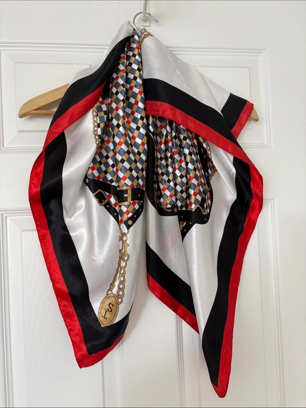 Vintage satin equestrian print neck scarf geometric & chain print red white blue - Picture 3 of 11